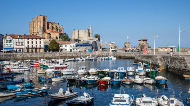 Views of the port and the city of Castro Urdiales. stock photo