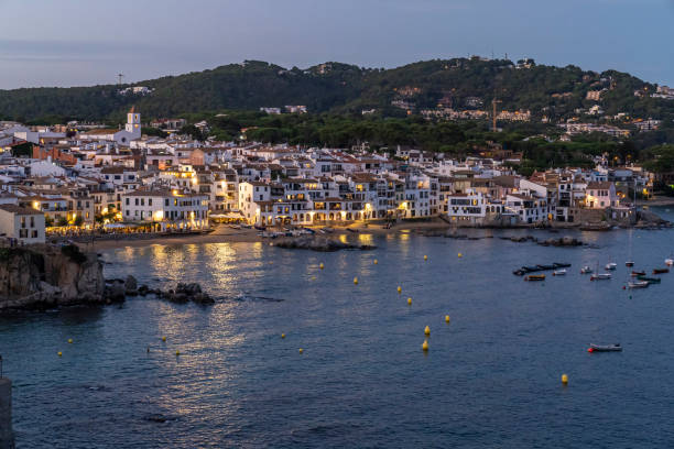 Views of the town of "Calella de Palafrugell" at sunset, Girona, Catalonia, Spain. stock photo