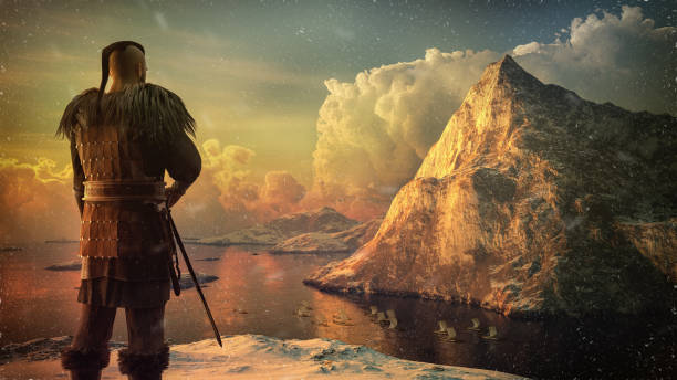 Viking warrior on the high cliff stock photo