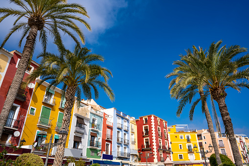 Villajoyosa La Vila Joiosa colorful facades Mediterranean houses in Alicante of Spain