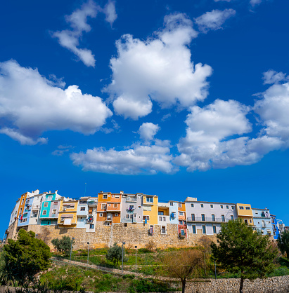 Villajoyosa La Vila Joiosa river wall colorful facades in Alicante of Spain