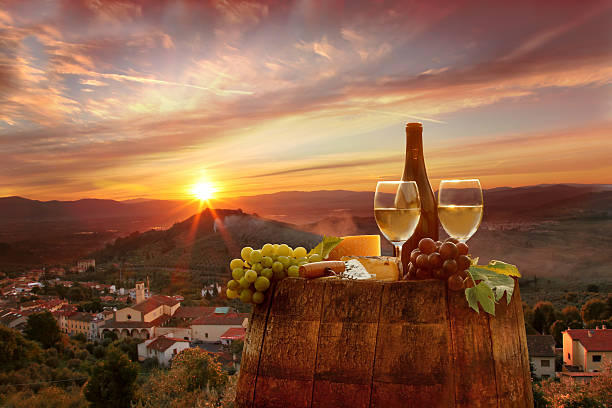 Vine landscape with wine still-life in Chianti, Tuscany, Italy stock photo
