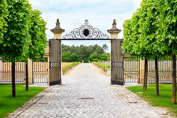 Vineyard entrance Luxury iron gate to the entrance of a vineyard near St-Emilion, France mansion stock pictures, royalty-free photos & images