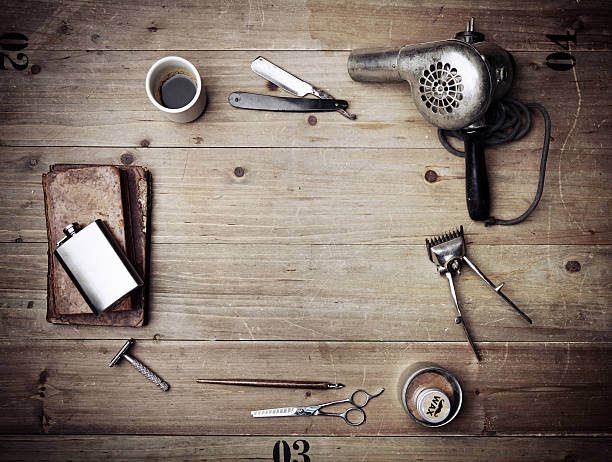 Vintage barber shop equipment on wood background Vintage barber shop equipment on wood desk vintage beauty salon stock pictures, royalty-free photos & images