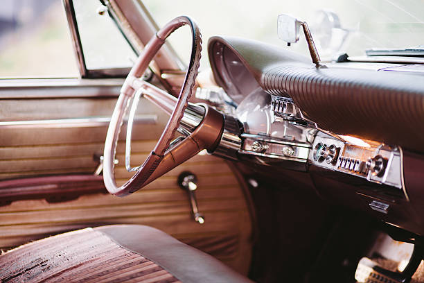 Vintage Car Steering Wheel and Dashboard Interior stock photo