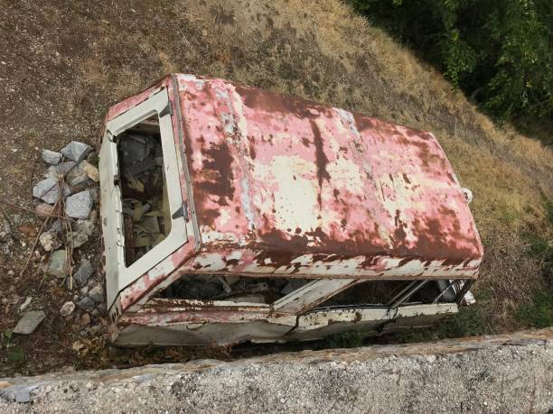Vintage car wreck Ohrid, Macedonia, - September 21, 2019. Vintage car wreck in the country side. 1960 1969 stock pictures, royalty-free photos & images