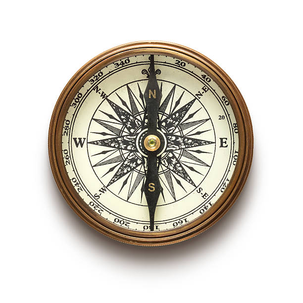 A vintage compass on a white background Vintage brass compass isolated on white background aiming photos stock pictures, royalty-free photos & images