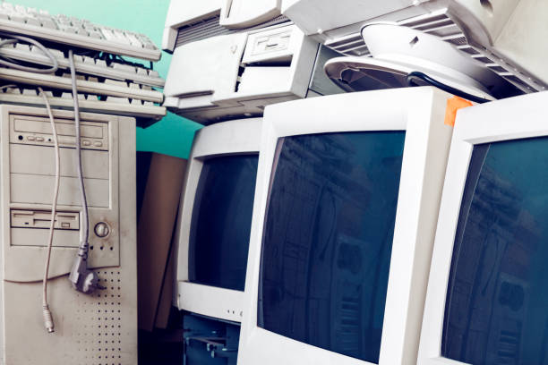 Vintage computers with CRT monitors stock photo