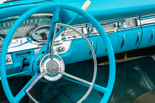 Miami, Florida USA - March 12, 2017: Close up view of the interior of a beautifully restored vintage 1959 Edsel Corvair CV automobile at a public car show.