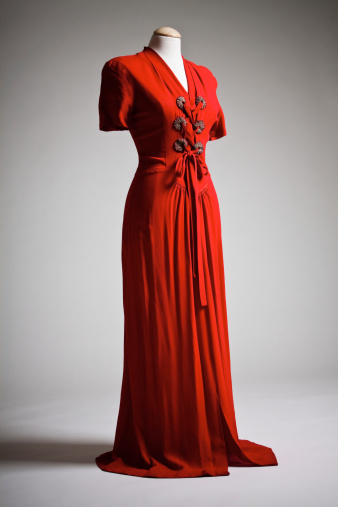 Vintage 40s red gabardine evening gown with rhinestone and sash detail.