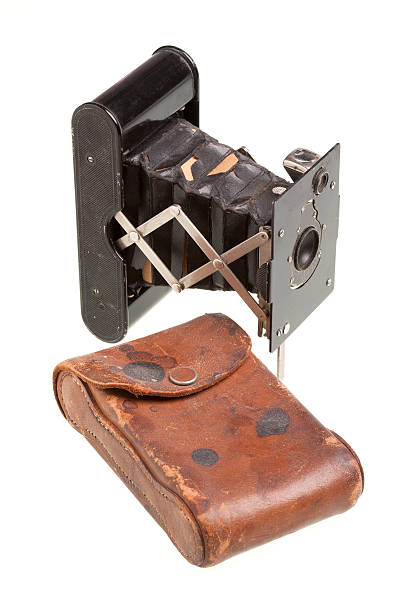 Vintage Folding Camera with Leather Case stock photo