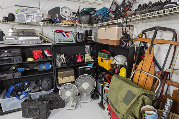 Vintage Garage Sale Corner Vintage items in a residential garage sale setting. thrift store photos stock pictures, royalty-free photos & images
