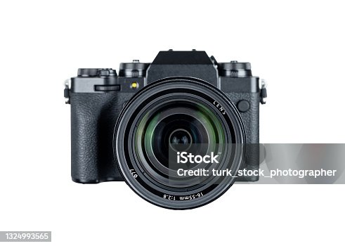 istock Vintage looking modern mirrorless camera isolated on white background front view 1324993565