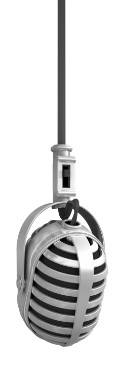 Vintage chrome microphone hanging from a cord in a white environment.Could be useful for a live event or musical composition.This is a detailed 3d rendering.