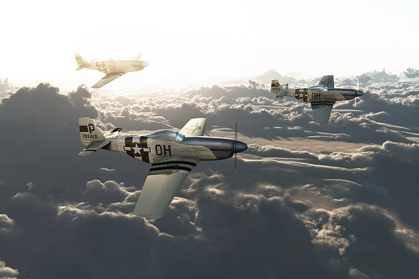P51 vintage mustangs returning home P51 vintage mustangs returning home from a mission high above the clouds. High resolution 3d model scene ww2 american fighter planes pictures stock pictures, royalty-free photos & images