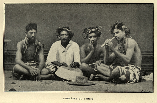 Vintage photograph of a Group of Tahitian men, Victorian 19th Century