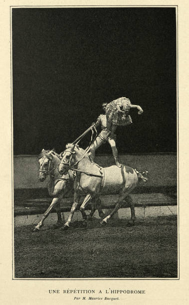 Vintage photograph of rehearsal at the hippodrome, Equestrian vaulting performers , 19th Century stock photo