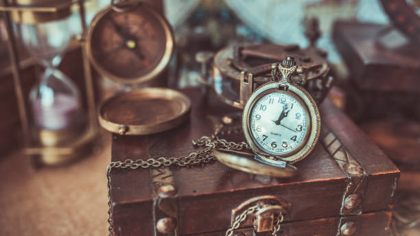 Vintage Photos Compass on wood treasure chest antique stock pictures, royalty-free photos & images