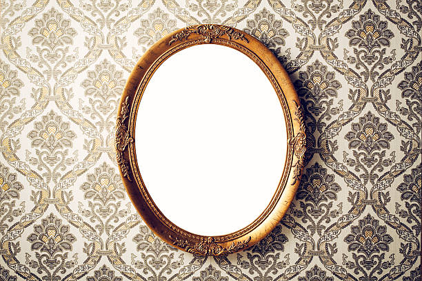 Vintage picture frame - Wallpaper Retro Gold Antique Baroque Vintage picture frame on baroque style wallpaper. mirror object stock pictures, royalty-free photos & images