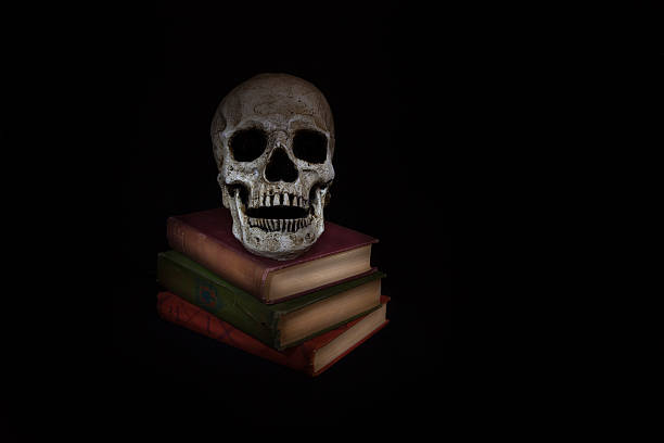A vintage skull sits beside a stack of old novels; image created with...