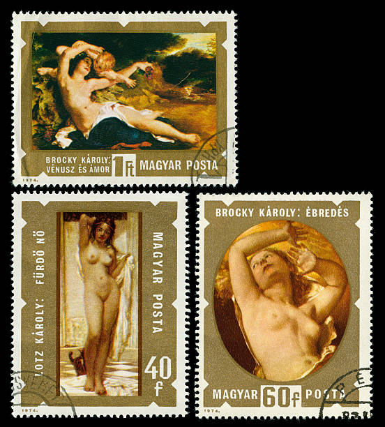 Vintage stamps from Hungary Set of 3 stamps from 1974 with paintings by Lotz Karoly from around 1901. 1901 stock pictures, royalty-free photos & images