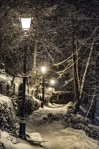 Vintage Street Light Lamp Under Snow At Night Stock Photo - Download