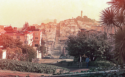 Vintage image of the Lombard Street and views of San Francisco in seventies/eighties of the 20th century.