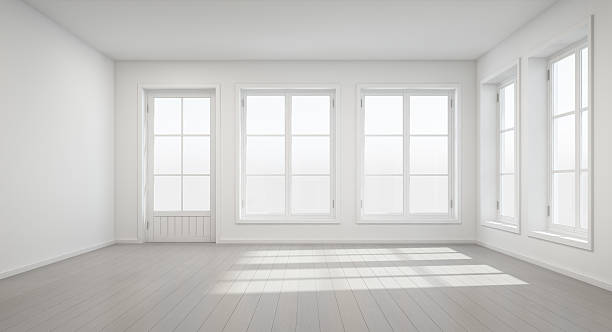 Vintage white room with door and window in new home stock photo