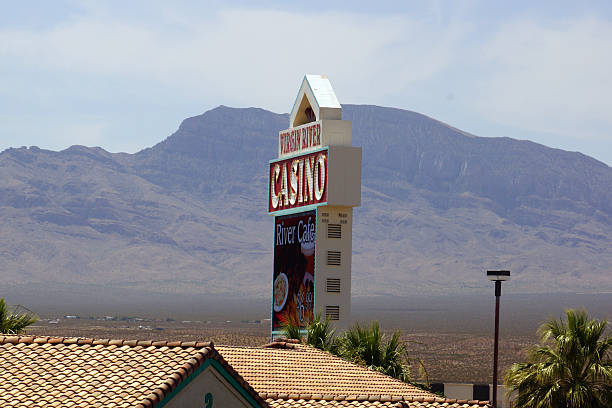 Virgin River Hotel sign with mountain in the backgrounds stock photo