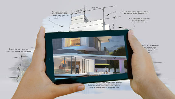 Virtual architecture project app 3D rendering of a hand draw architecture project with a tablet showing the finished house mobile real estate stock pictures, royalty-free photos & images