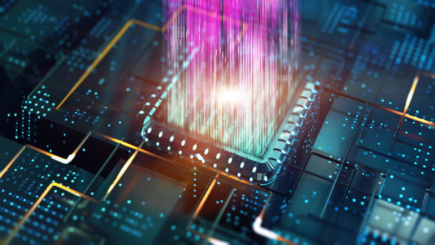 Virtual data transmission futuristic computer technology CPU processor on database circuit board Big data transfer as futuristic visualization computer tech background cpu stock pictures, royalty-free photos & images