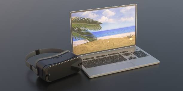 virtual reality helm en laptop, zwarte achtergrond. 3d illustratie - beach game group stockfoto's en -beelden