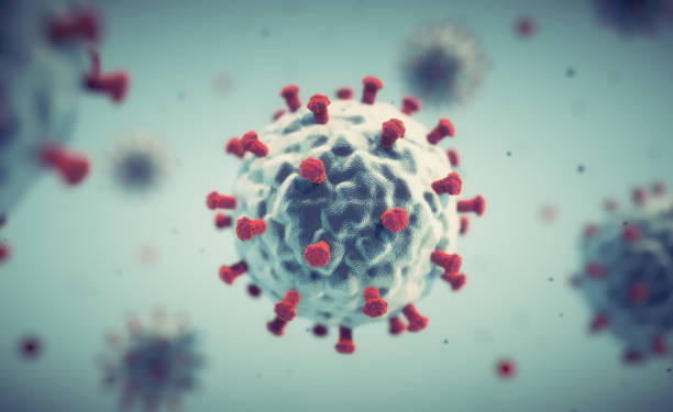 Virus cell close up on colorful background. Pandemic and science concept. stock photo