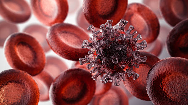 Virus In Blood Biological background. 3D render. blood cancer stock pictures, royalty-free photos & images