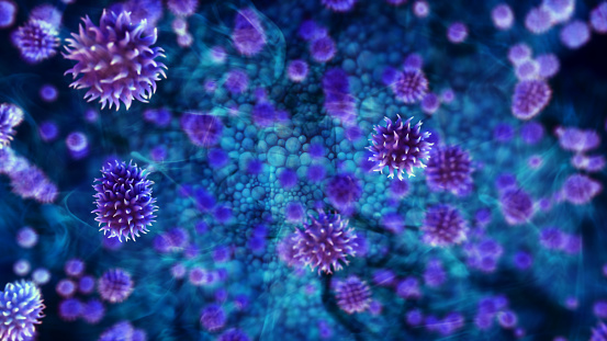 A conceptual 3D render of a flow of purple virus cells in a magnified organic environment.