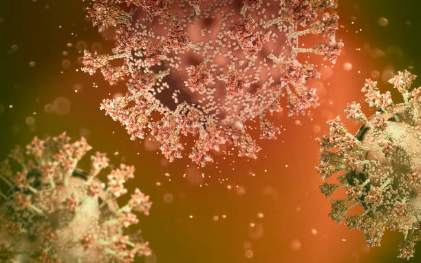 virus variant, coronavirus, spike protein. omicron. covid-19 seen under the microscope - omicron stockfoto's en -beelden
