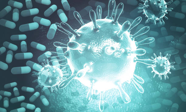 virus con medicina sobre fondo abstracto - antibiótico fotografías e imágenes de stock