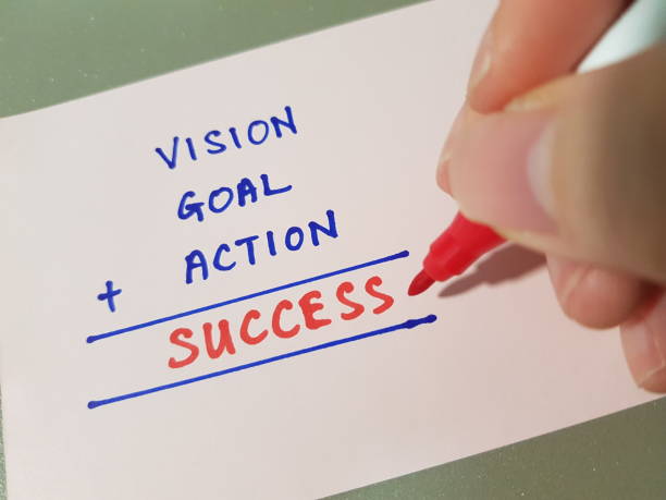 Vision, Goal and Action lead to success. stock photo