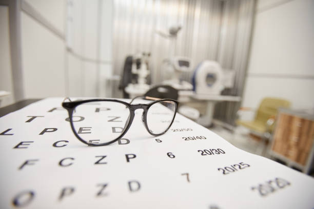 Vision Test Background Background image of glasses lying on eye chart in ophthalmology office, vision and eye test concept, copy space optometrist stock pictures, royalty-free photos & images