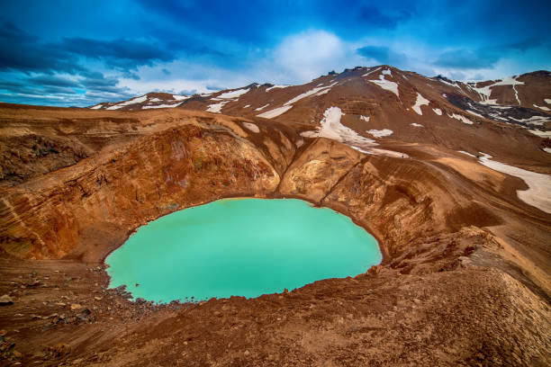 Viti blue lake Viti sulfur blue lake in caldera of Askja volcano crater in Iceland, travel north landscape. Panoramic view volcanic crater stock pictures, royalty-free photos & images
