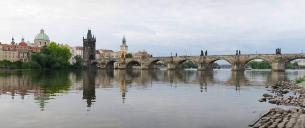Vltava river and Charles bridge in Prague in the Czech Republic stock photo