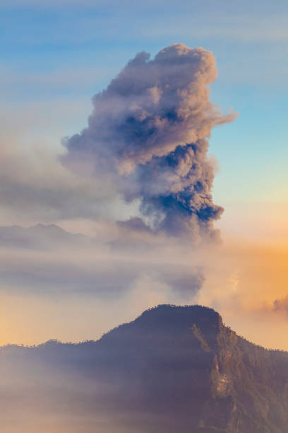 Volcanic eruption from La Palma, Cumbre Vieja fumarole, view from Roque de los Muchachos. Huge Eruption column expelled (october - 15th - 2021) stock photo