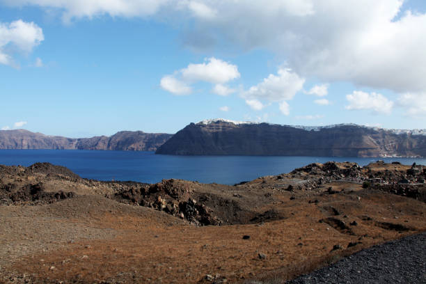Volcanic Landscape Hike in Santorini stock photo
