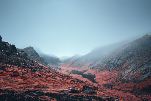 Dramatic volcanic landscape in Iceland (Infrared Aerochrome Look).