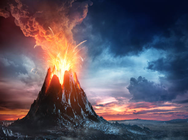 Volcanic Mountain In Eruption Exploding Activity With Lava - Natural Phenomenon - Illustration erupting stock pictures, royalty-free photos & images
