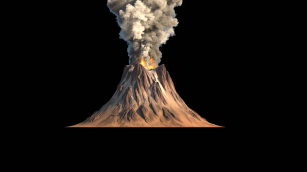 Volcano eruption on an island in the ocean stock photo