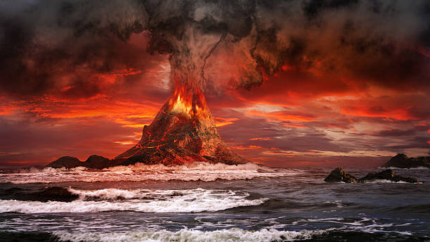 Volcano on the sea Volcano eruption on the sea erupting stock pictures, royalty-free photos & images