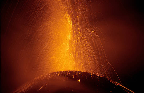 Volcano Pacaya Night Eruption Guatemala 1995 stock photo