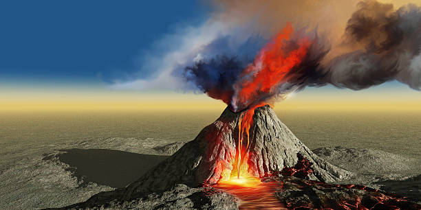 Volcano Smoke A volcano bursts into life with smoke, flowing lava and fire. erupting stock pictures, royalty-free photos & images