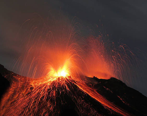 Volcano stromboli in action stock photo
